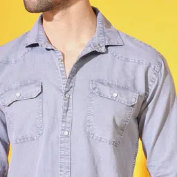 double one Men Regular Fit Washed Spread Collar Casual Shirt image 4