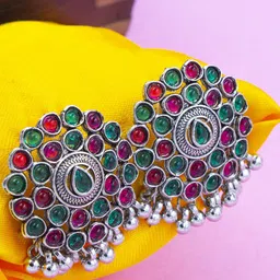 PRIVIU Silver-Plated Stone-Studded Oxidised Classic Drop Earrings-image-4