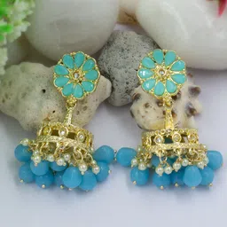 PRIVIU Blue Classic Gold Plated Jhumkas Earrings-picture-18