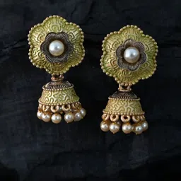 justpeachy Green Ethnic Meenkari Jhumkas With Pearl Embellishment-picture-26