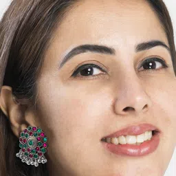 PRIVIU Silver-Plated Stone-Studded Oxidised Classic Drop Earrings image 2