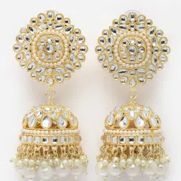 Aazeen Gold-Plated Dome Shaped Kundan-Pearls studded Jhumkas image 1