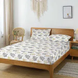 Multicolor Floral 250 TC Cotton King Fitted Bedsheet with 2 Pillow Covers-image-27