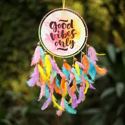 duli Canvas Good Vibes Dream catcher with Multicolor Feathers Windchime for Decor Feather Dream Catcher image 2