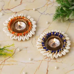 ecraftindia Orange & Blue Cowrie Shell (Set of 2) Decorative Metal Tea Light Holders image 1