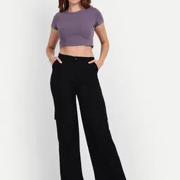 next one Women Loose Fit Black Lycra Blend Trousers image 3