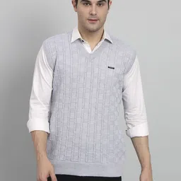 ewools Men Checkered V Neck Grey Sweater-picture-10
