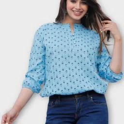 bm enterprises Casual Regular Sleeves Printed Women Blue Top-picture-25
