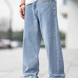 denim look Men Loose Fit Mid Rise Light Blue Jeans-picture-16