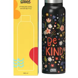 happywagon Black & Silver-toned Printed Stainless Steel Be Kind Water Bottle 980ml-picture-24