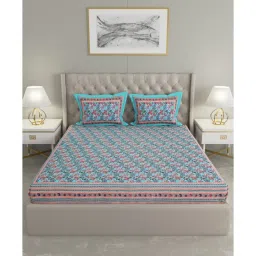 patricko Blue Floral 300 TC Cotton Double King Sized Bedsheet With 2 Pillow Covers image 2