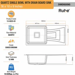 ruhe Choco Brown Quartz Single Bowl Kitchen Sink with Drain Board (36 x18 x9 Inch) Natural Choco Brown Granite Matt Finish Vessel Single Bowl With Drain Board Sink Vessel Sink image 4