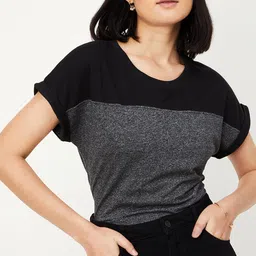 max Women Solid Round Neck Pure Cotton Black T-Shirt image 1