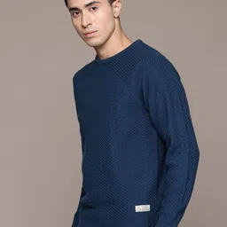 roadster Men Self Design Round Neck Blue Sweater image 4