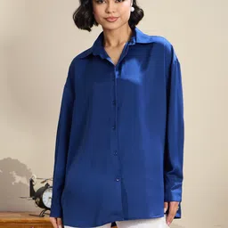 sassafras Women Oversized Fit Solid Spread Collar Casual Shirt-picture-16