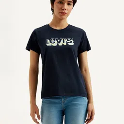 levi's Women Printed Crew Neck Pure Cotton Blue T-Shirt-picture-19