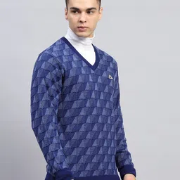 monte carlo Men Self Design V Neck Blue Sweater image 4