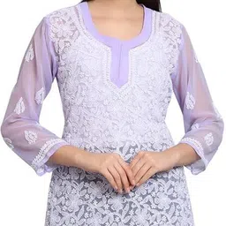 lucknowi chikankari Women Chikan Embroidery Georgette Straight Kurta-picture-10