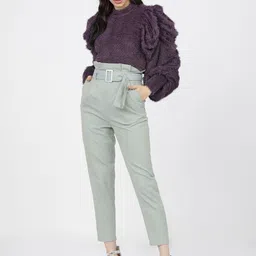 tokyo talkies Women Tapered Green Cotton Blend Trousers image 5