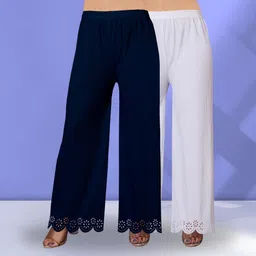 ecoundies Pack of 2 Women Straight Fit Blue, White Lycra Blend Trousers image 1