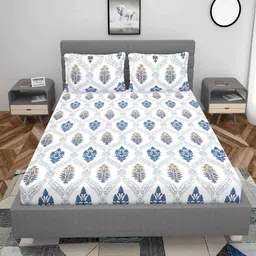 yaakholic White Floral 300 TC Cotton Blend Fitted Queen Bedsheet with 2 Pillow Covers image 2