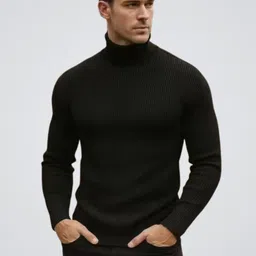 Men Solid High Neck Black Sweater-image-0