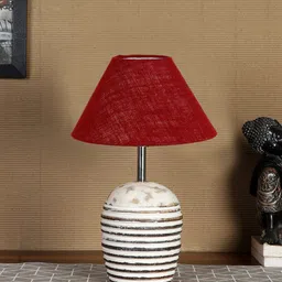 Devansh Maroon & White Textured Wooden Table Lamp With Cotton Shade-picture-32