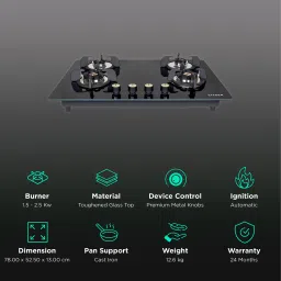 Faber Maxus HT784 CRS BR CI AI Toughened Glass Top 4 Burner Automatic Hob (High Quality Knob, Black) image 3