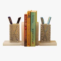 katkaria creations Jali Set Of 2 White Soapstone & Marble Bookends With Pen Stand image 2