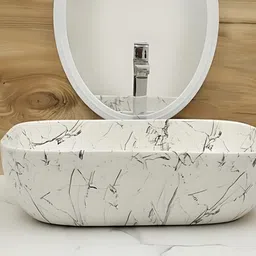 vr ceramic 18*13*5 inch white design counter top wash basin LC-1002 Ceramic Basin for bathroom table top(white black vens (Glossy Finish ) Table Top Basin image 2