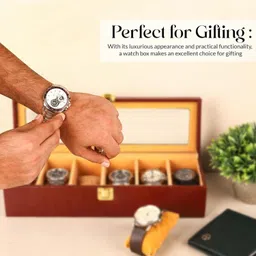 bainada polymers Watch and Bracelet Organizer Box 6 Slots | Brown Leather Finish with Glass Top Watch Box image 2