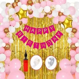party midlinkerz Solid Happy Birthday Pink Gold decoration Kit combo with Balloon Pump-61pcs for Girls Balloon-picture-21