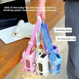 trujoy Bus Shape Bus Shape Water Bottle for Kids Detachable Straw with Shoulder Strap 500 ml Water Bottle image 5