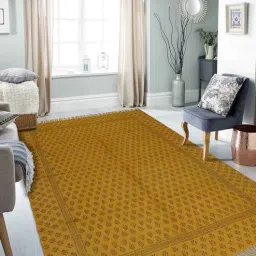 Gold Cotton Block Printed Hand Woven 5 x 2 Feet Dhurrie-image-10