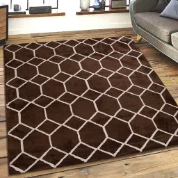 saral home Brown Geometric Microfibre 5 ft x 7 ft Machine Made Carpet image 1