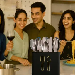 ih handicrafts Kitchen Cutlery Holder - Black Metal Utensil Stand for Dining Table Iron Cutlery Set image 4