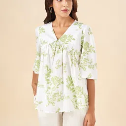 AKKRITI BY PANTALOONS Floral Printed V-Neck Gathered Cotton Empire Top-image-85