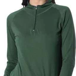 london hills Women Solid Zip Neck Cotton Blend Green T-Shirt image 1