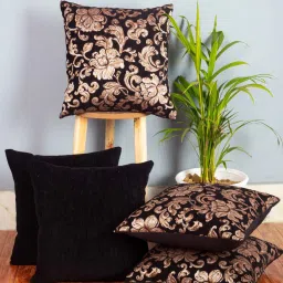 Black Floral Polyester 16 x 16 Inches Cushion Covers (Set of 5) by Cazimo image 1