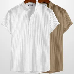 woxen Men Regular Fit Striped Mandarin Collar Casual Shirt-picture-11