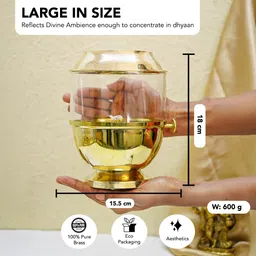 ekhasa 100% Pure Brass Akhand Jyot Diya with Glass Cover, Adjustable Knob, 500ml Oil Brass Table Diya image 2