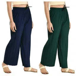 sark fashions Pack of 2 Women Regular Fit Blue, Green Crepe Trousers-picture-18