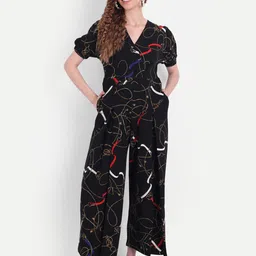 BROADSTAR Black & Brown Abstract Printed Puff Sleeves Basic Jumpsuit-picture-31