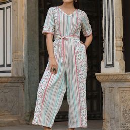 Juniper White & Red Ethnic Motifs Printed Puff Sleeves Belted Basic Jumpsuit-picture-21