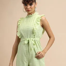 Tokyo Talkies Green High Neck Schiffli Ruffled Playsuit-picture-13