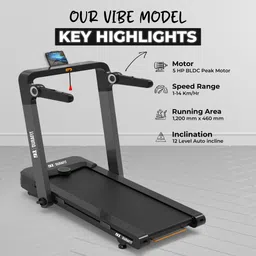 durafit Vibe 5HP BLDC Peak 120Kg User Weight | 12-Auto Incline| 14km Speed | Home Use Treadmill image 3