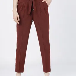 tokyo talkies Women Tapered Brown Cotton Blend Trousers-picture-14