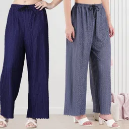 kwsh Pack of 2 Women Regular Fit Blue, Grey Viscose Rayon Trousers-picture-35