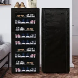 urban choice Serene Fabric 9-Shelves Collapsible Shoe Rack In Black Colour image 1