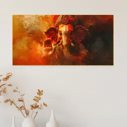 nestroots Gold Canvas Framed Majestic Ganesha on Orange Canvas Wall Painting(24X48 Inch)-picture-35